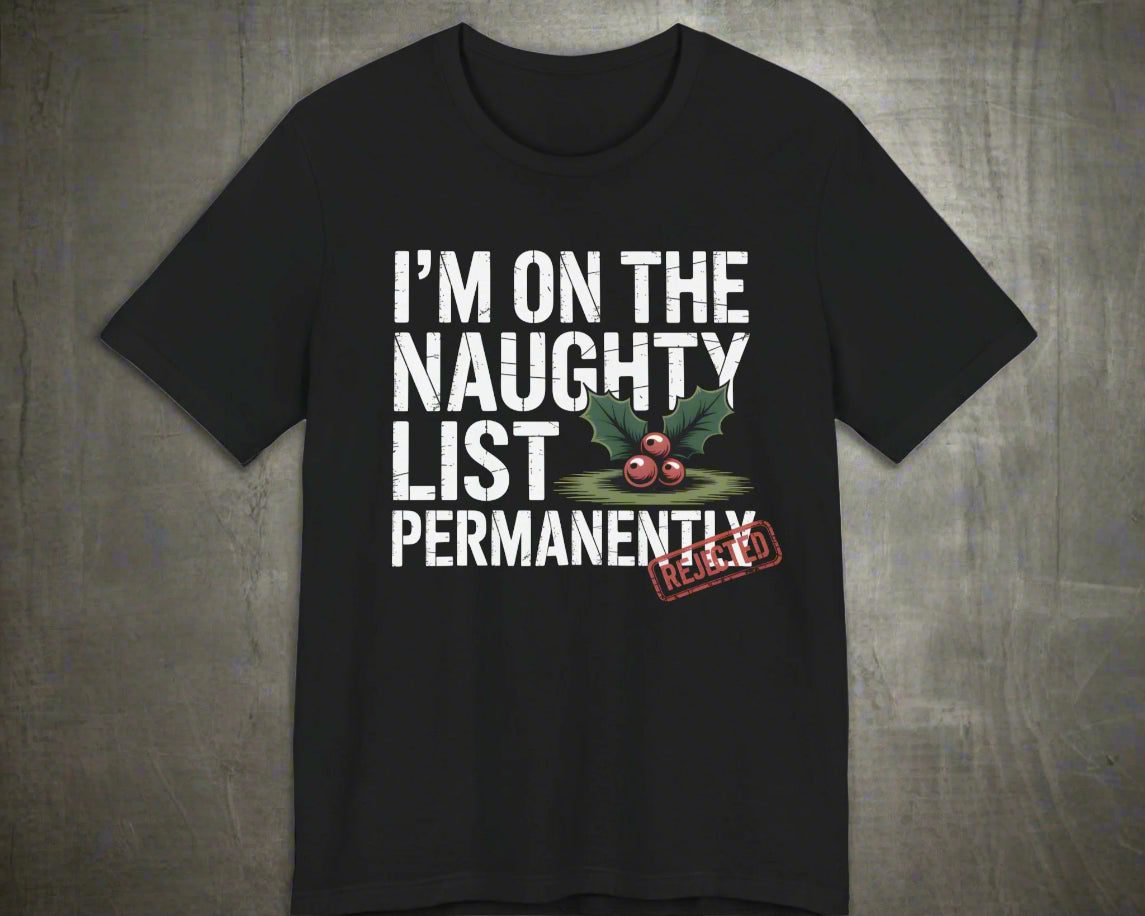 Black t-shirt with humorous text design on a white background