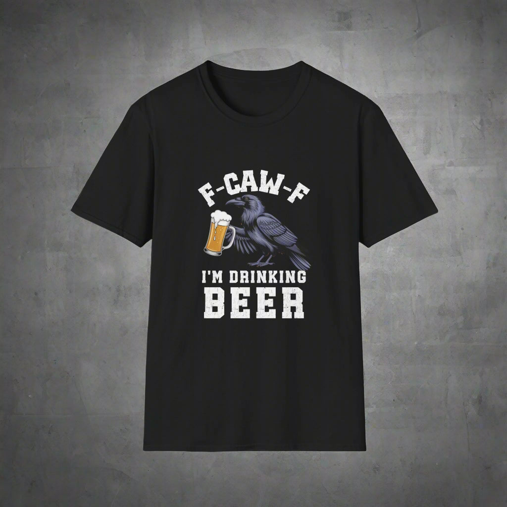 Black t-shirt with a graphic of a crow holding a beer mug and text on a white background