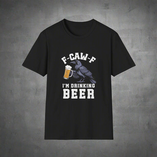 Black t-shirt with a graphic of a crow holding a beer mug and text on a white background