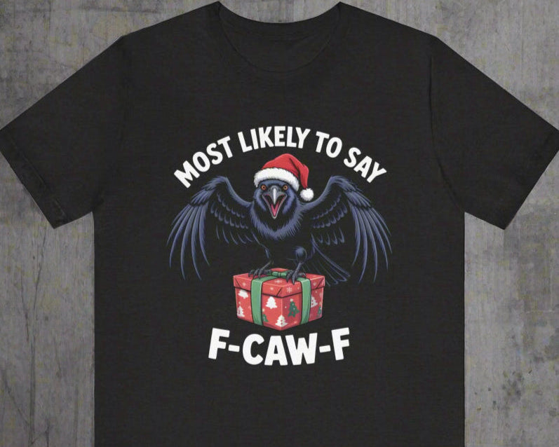 Black t-shirt with a graphic of a bird wearing a Santa hat and text on a white background
