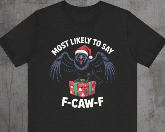 Black t-shirt with a graphic of a bird wearing a Santa hat and text on a white background