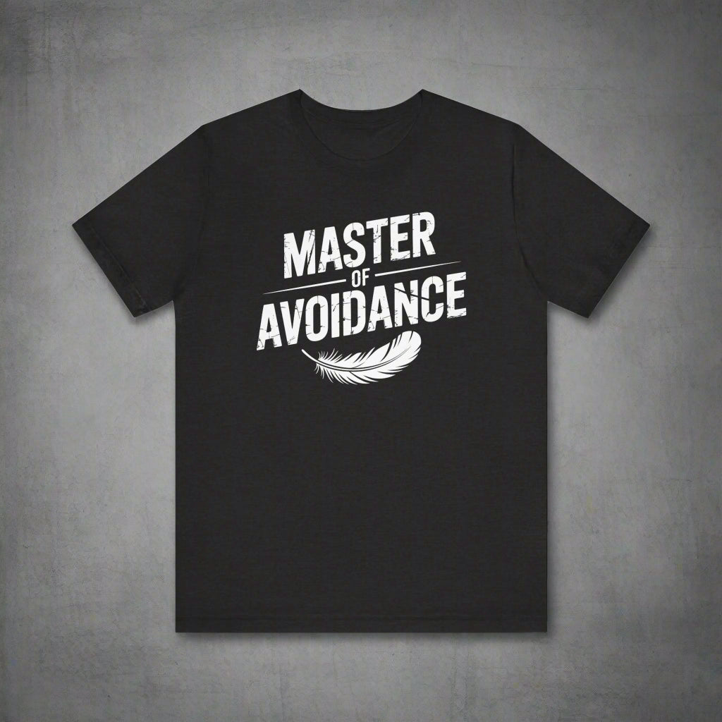 Black t-shirt with 'Master of Avoidance' text and feather graphic on a grunge background