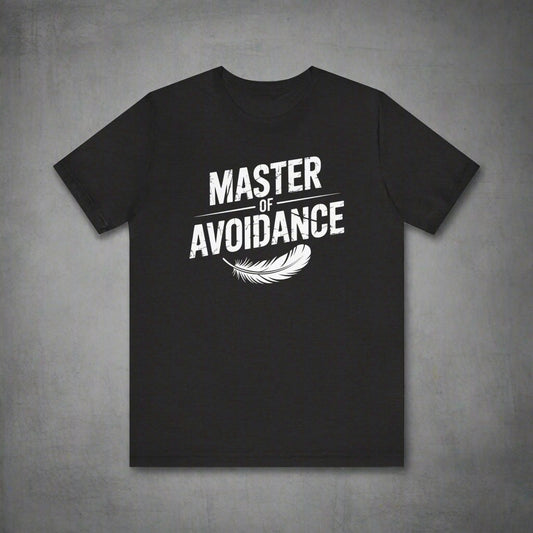 Black t-shirt with 'Master of Avoidance' text and feather graphic on a grunge background