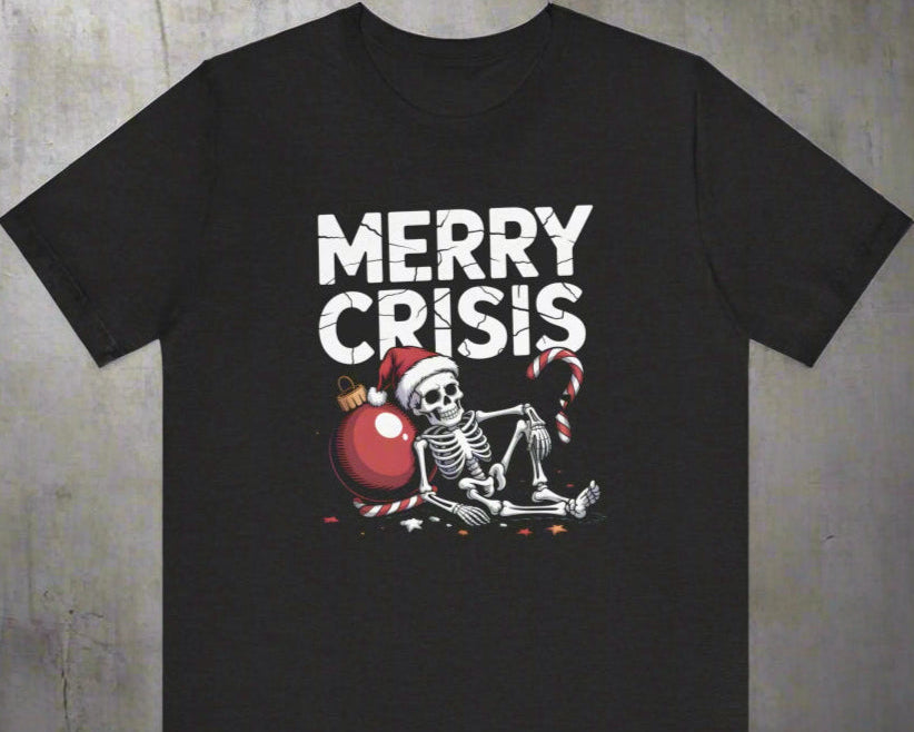 Black t-shirt with 'Merry Crisis' graphic featuring a skeleton and Christmas ball on a white background
