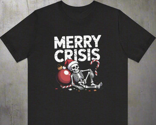 Black t-shirt with 'Merry Crisis' graphic featuring a skeleton and Christmas ball on a white background