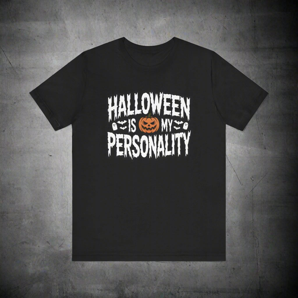 Black t-shirt with 'Halloween is my personality' text and pumpkin graphic on a white background