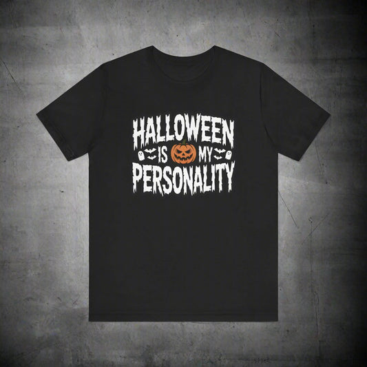 Black t-shirt with 'Halloween is my personality' text and pumpkin graphic on a white background