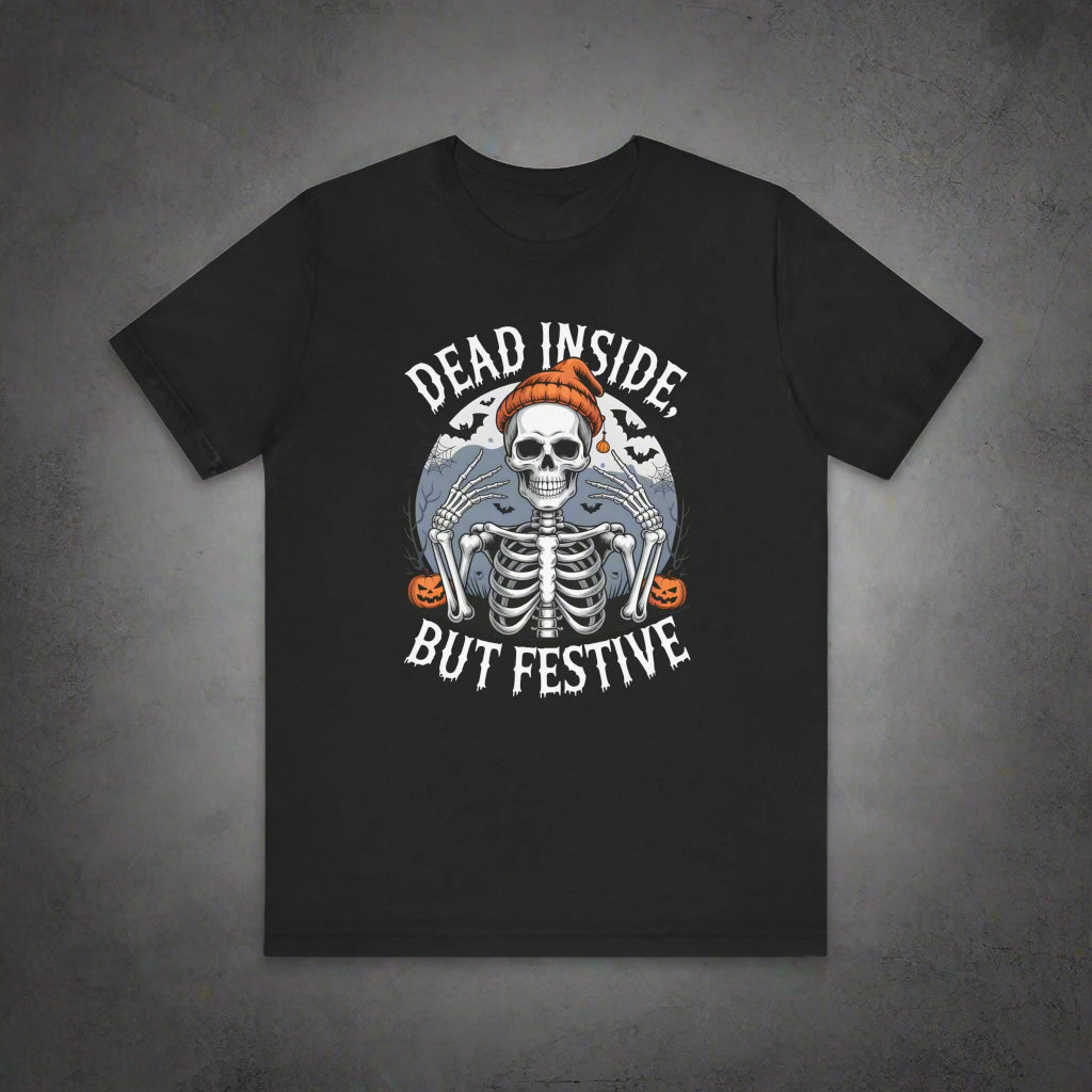 Black t-shirt with skeleton and text design on a white background