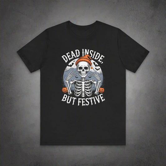 Black t-shirt with skeleton and text design on a white background