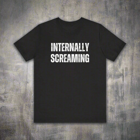 Black t-shirt with 'INTERNALLY SCREAMING' text on a grunge background