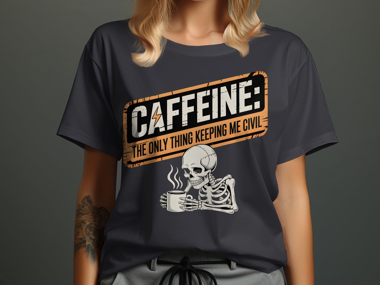 Caffeine Skeleton Graphic T-Shirt with Funny Quote product type