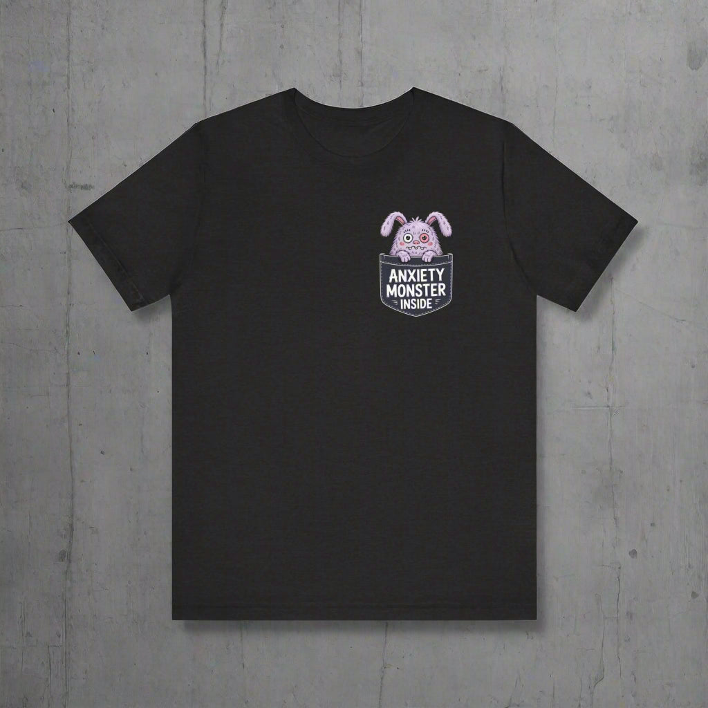 Black t-shirt with a graphic of a rabbit and text 'Anxiety Monster Inside' on a white background