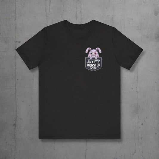 Black t-shirt with a graphic of a rabbit and text 'Anxiety Monster Inside' on a white background