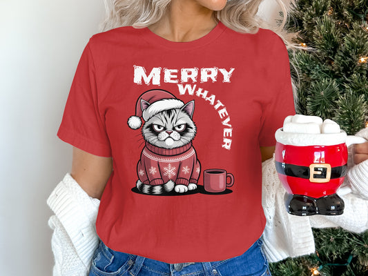 Merry Whatever Cat Santa Hat Graphic T-Shirt product type