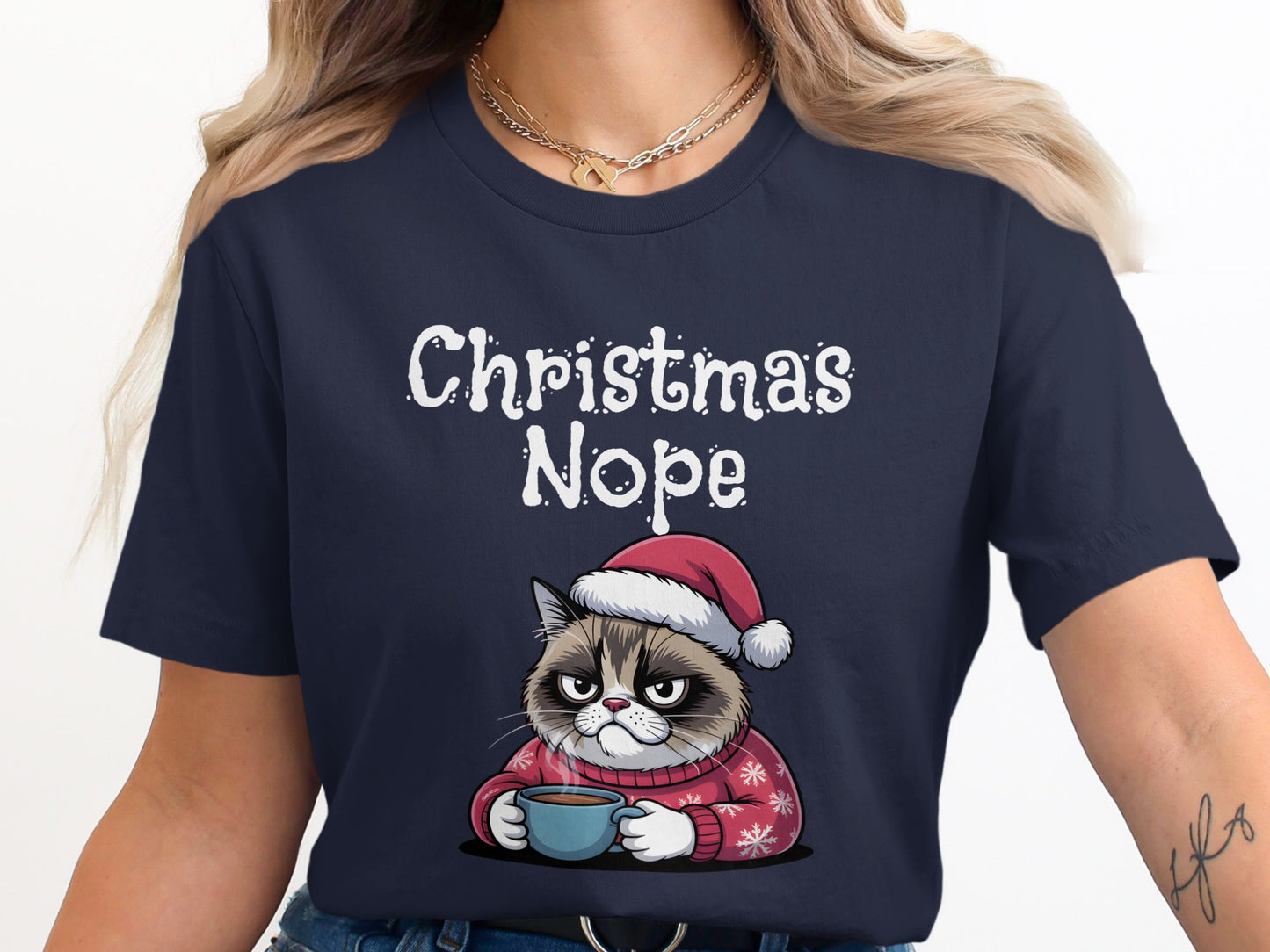 Christmas Nope Cat in Santa Hat Design T-shirt product