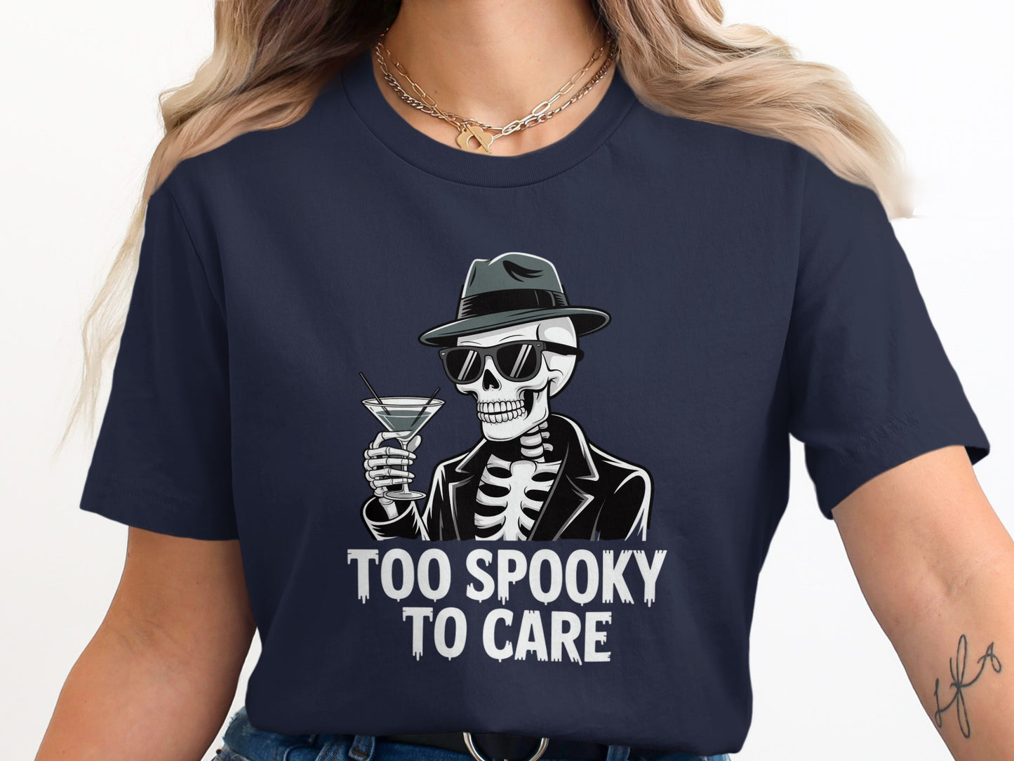 Too Spooky To Care Skeleton Graphic Shirt product type